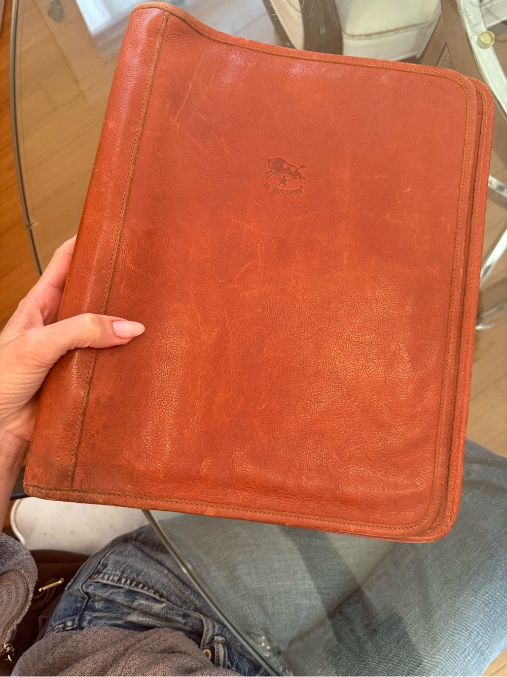 il bisonte Vintage sepia Brown Leather Zip Portfolio /script three ring binder